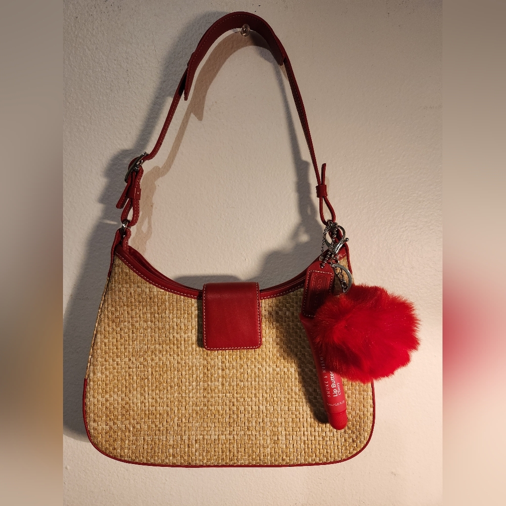 Coach Vintage Y2k Woven Straw Red Leather Shoulder Bag